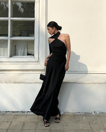 Black Halter Backless Sexy Satin Prom Dress HZ1023